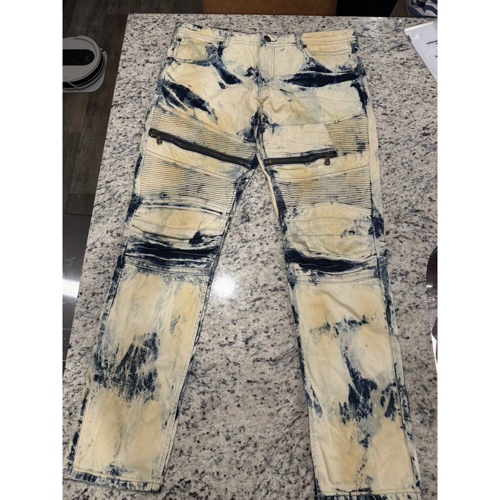Dstakt Denim Men’s Moto Jeans Bleached Tie Dye Zipper Biker Pants Size 36x32 - Picture 3 of 5